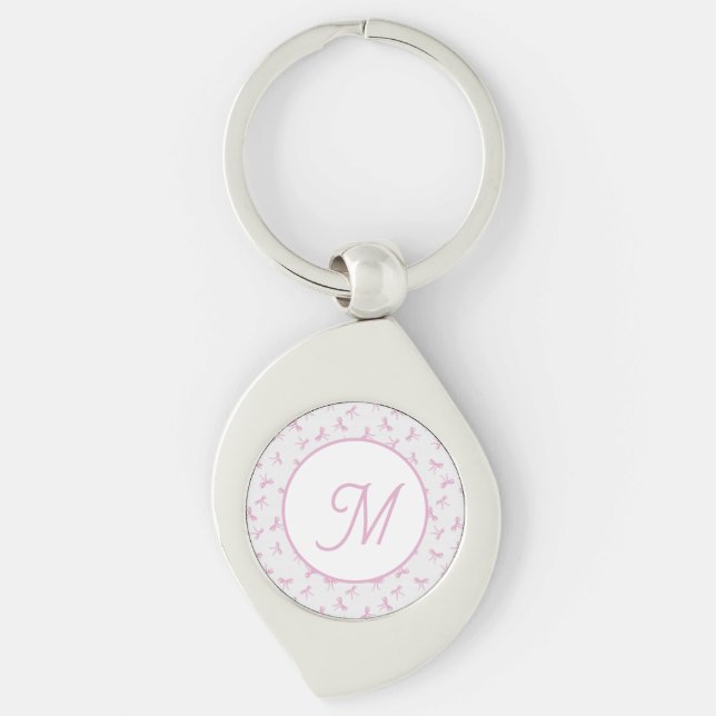 Monogrammerad krusig coquette rosa akvarellbåge  swirl silverfärgad nyckelring (Framsidan)