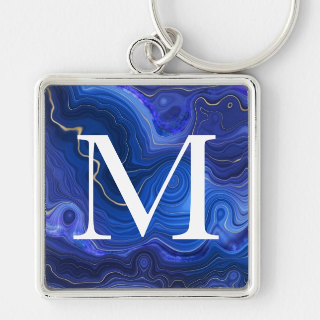 Monogrammerad Lapis Lazuli Fyrkantig Silverfärgad Nyckelring (Framsidan)