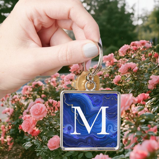 Monogrammerad Lapis Lazuli Fyrkantig Silverfärgad Nyckelring (Monogrammed Lapis Lazuli Keychain)