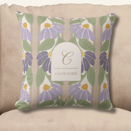 Monogrammerad lila & beige blommig rand kudde