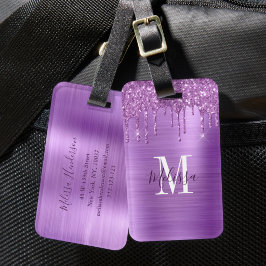 Monogrammerad lila glitterdropp borstad metall bagagebricka