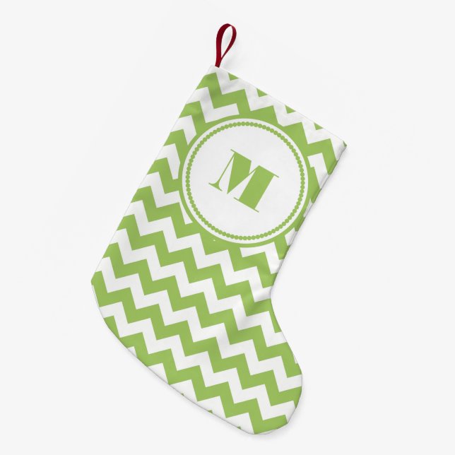 Monogrammerad Limegrön Vit Randig Chevron Liten Julstrumpa (Framsidan (Hängande))