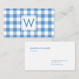 Monogrammerad ljusblå-vit gingham-rutig mönster visitkort