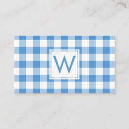 Monogrammerad ljusblå-vit gingham-rutig mönster visitkort