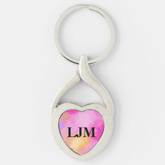Monogrammerad ljusrosa blomsterakvarellnyckelring twisted heart silverfärgad nyckelring