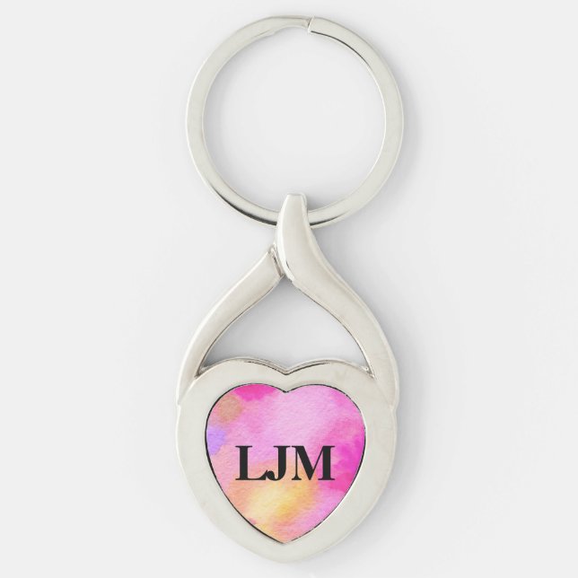 Monogrammerad ljusrosa blomsterakvarellnyckelring twisted heart silverfärgad nyckelring (Framsidan)