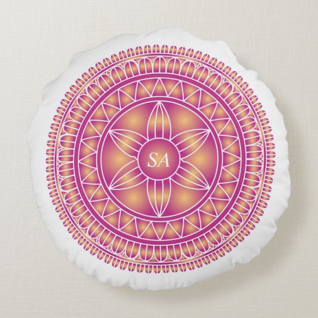 Monogrammerad Mandala Guld Lila Vit Rund Kudde (Baksidan)