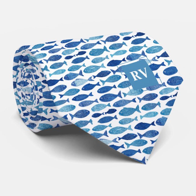 Monogrammerad marinblå fiskstim slips (Rullad)