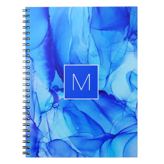 Monogrammerad Modern Abstrakt Bläcktvätt i Blått Anteckningsbok (Framsidan)