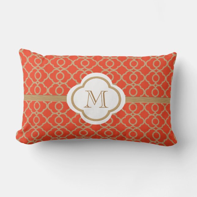 Monogrammerad Orange och Guld Marockansk Lumbarkudde (Framsida)