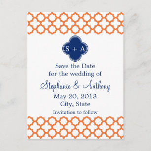 Monogrammerad Orange, Royalblå Quatrefoil Meddelande Vykort
