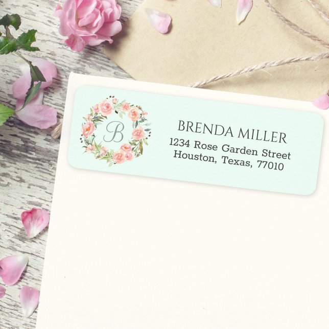 Monogrammerad Pastell Rosa Blomma Returadress Etikett (In situ envelope)
