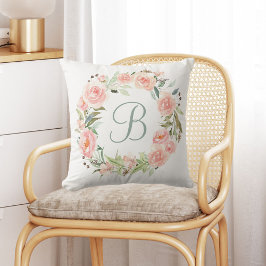Monogrammerad Pastell Rosa Blomsterkrans Kudde
