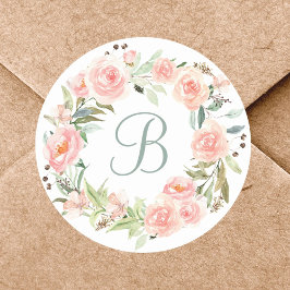 Monogrammerad Pastell Rosa Blomsterkrans Runt Klistermärke