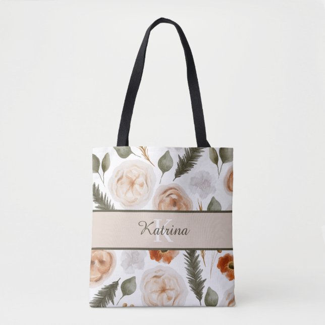 Monogrammerad persikafärgad blommig vattenfärgshan tygkasse (Framsida)