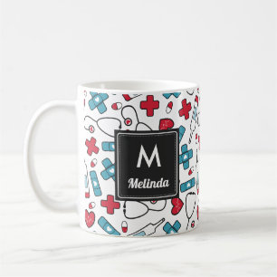 Monogrammerad röd blå Nurse Mönster Kaffemugg