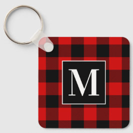 Monogrammerad röd och svart Buffalo-rutig foto Nyckelring