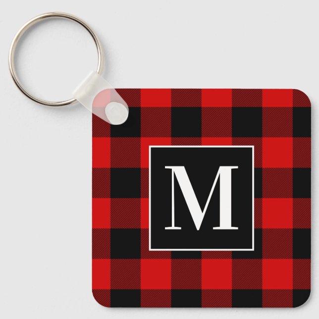 Monogrammerad röd och svart Buffalo-rutig Nyckelring (Framsida)
