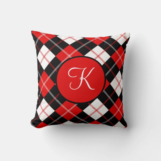 Monogrammerad röd svart vit Argyle Plaid  Kudde (Framsida)