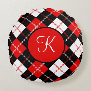 Monogrammerad röd svart vit Argyle Plaid Rund Kudde