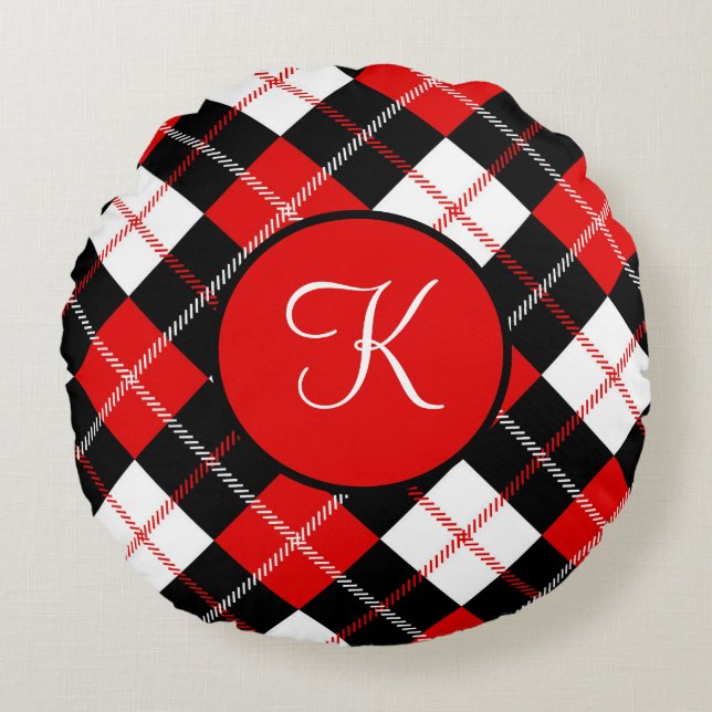 Monogrammerad röd svart vit Argyle Plaid Rund Kudde (Framsidan)