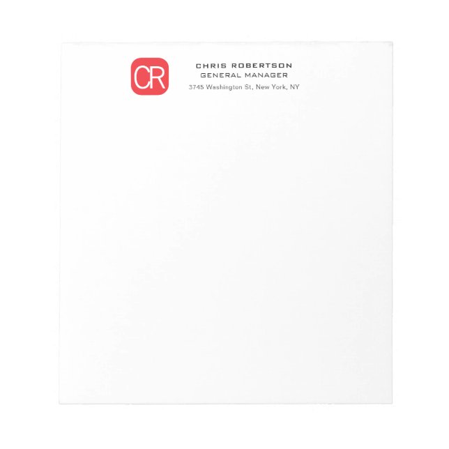 Monogrammerad röd vit professionell enfärgad anteckningsblock (Framsida)