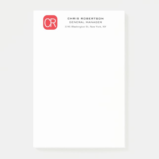 Monogrammerad röd vit professionell enfärgad post-it block (Framsida)