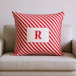 Monogrammerad röd-vit-randig kastkudde kudde