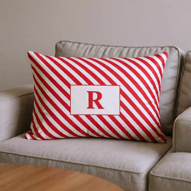 Monogrammerad röd/vitrandig ländkudde lumbarkudde (Skapare uppladdad)