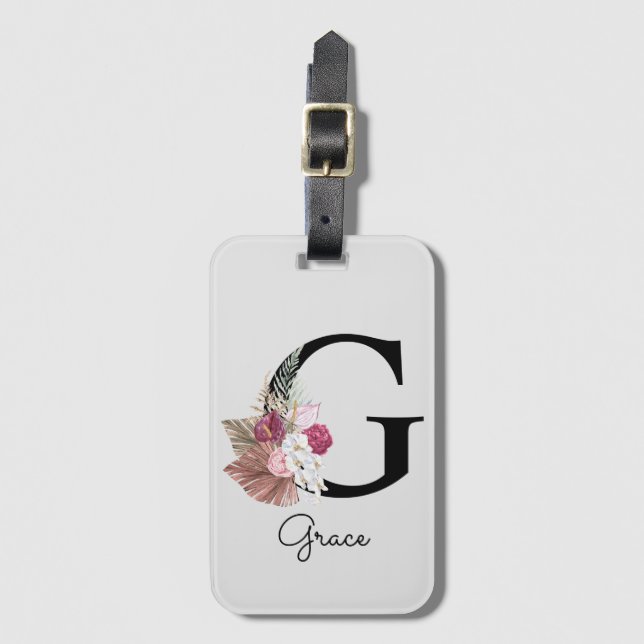 Monogrammerad rosa blommig initial G Bagagebricka (Framsida vertikal)