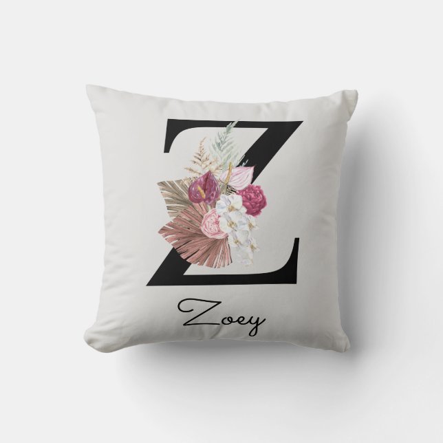 Monogrammerad rosa boho blomstergin initial Z Kudde (Framsida)