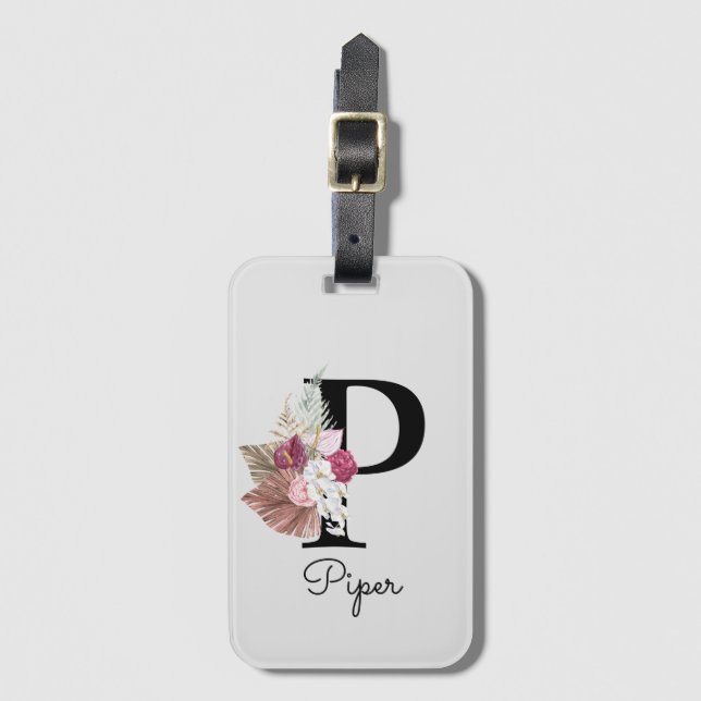 Monogrammerad rosa boho blomstergInitial P Bagagebricka (Framsida vertikal)