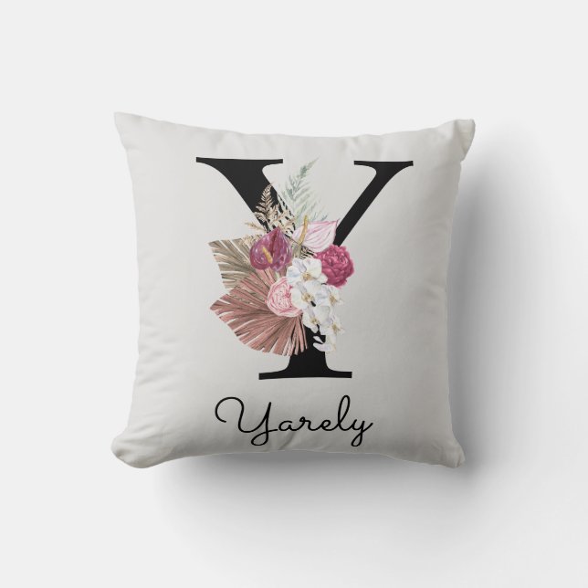Monogrammerad rosa boho blomsterginitial Y Kudde (Framsida)