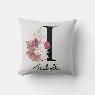 Monogrammerad rosa boho blomstergravyr initial I Kudde
