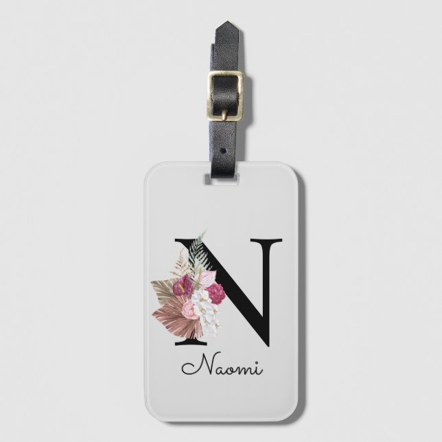 Monogrammerad rosa boho blomstergravyr initial N Bagagebricka (Framsida vertikal)