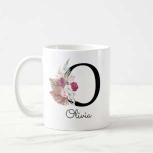 Monogrammerad rosa boho blomstergravyr Initial O Kaffemugg
