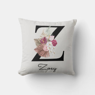 Monogrammerad rosa boho blomstergravyr Initial Z Kudde