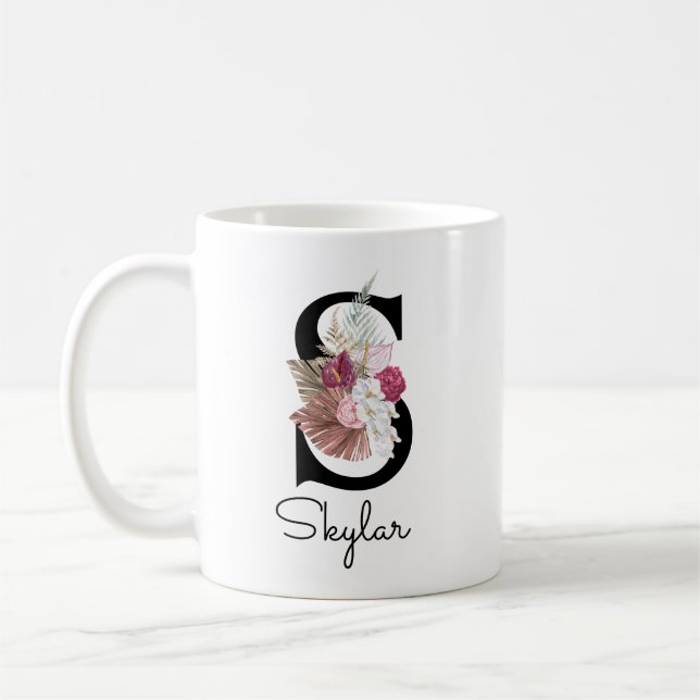 Monogrammerad rosa boho blomsterinitial S Kaffemugg (Vänster)