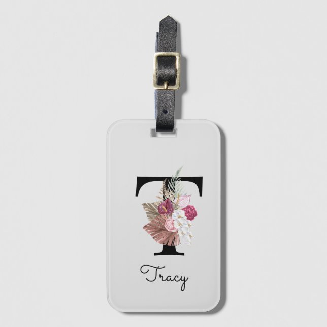 Monogrammerad rosa boho blomsterinitial T Bagagebricka (Framsida vertikal)