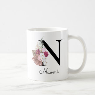 Monogrammerad rosa boho flickig blommig initial N Kaffemugg