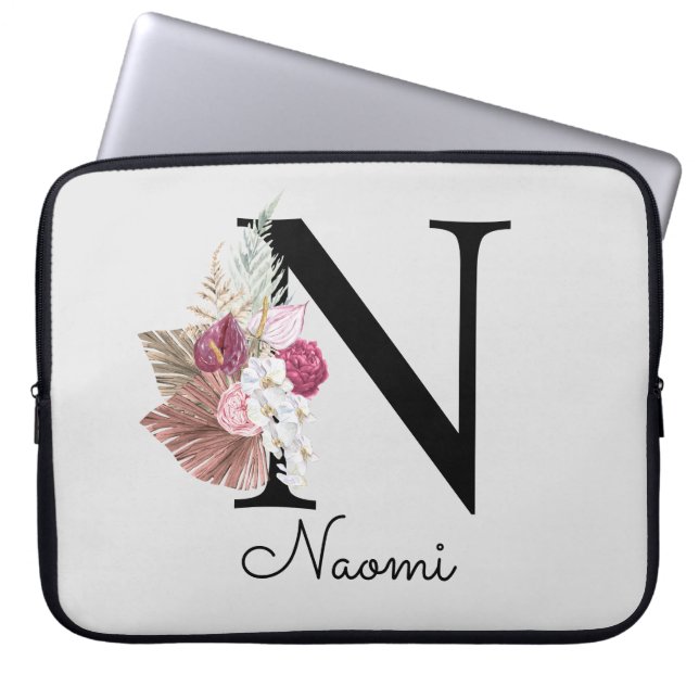 Monogrammerad rosa boho flickig blommig initial N Laptop Fodral (Framsidan)