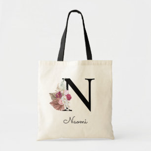 Monogrammerad rosa boho flickig blommig initial N Tygkasse