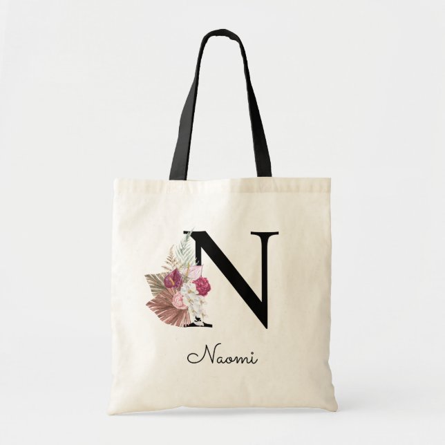 Monogrammerad rosa boho flickig blommig initial N Tygkasse (Framsidan)