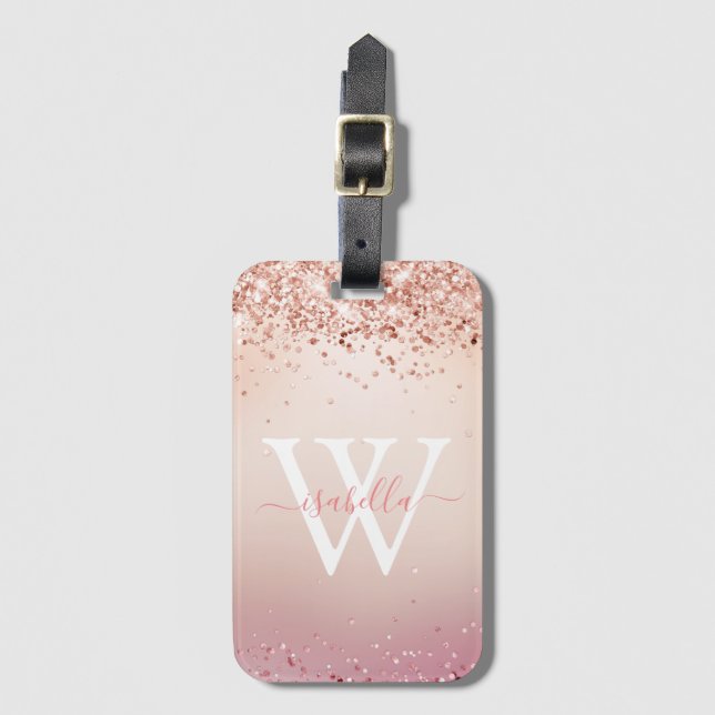 Monogrammerad Rosa Guld Glitter Elegant Namnskrift Bagagebricka (Framsida vertikal)