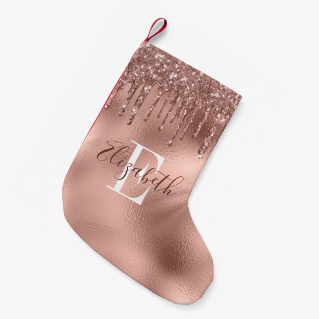Monogrammerad Rosa Guld Glitterdroppar Liten Julstrumpa (Framsidan (Hängande))
