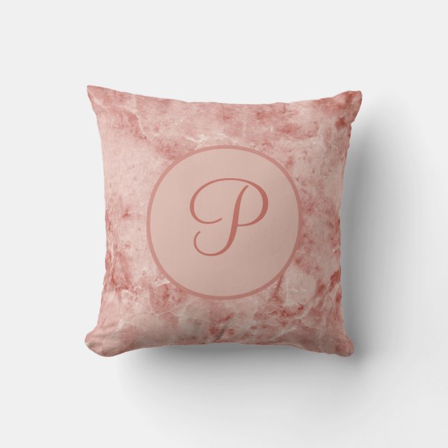 Monogrammerad rosa korall och vit marmor kudde (Framsida)
