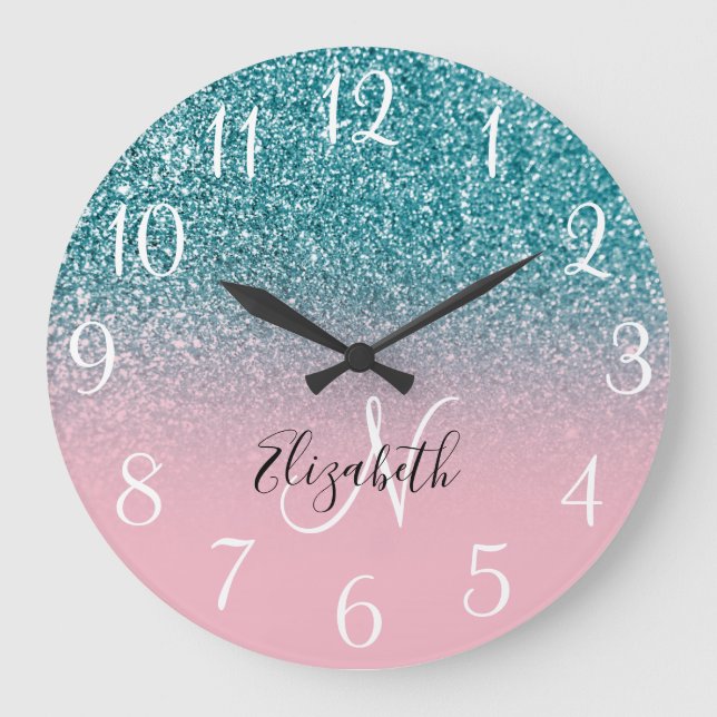 Monogrammerad rosa och teal glitter Ombre Stor Klocka (Framsida)