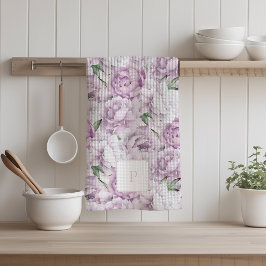 Monogrammerad rosa peonyblomma kökshandduk