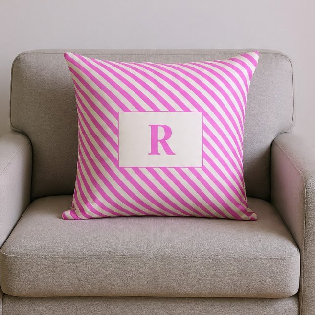 Monogrammerad Rosa/Vit Randig Kudd Kudde (Skapare uppladdad)