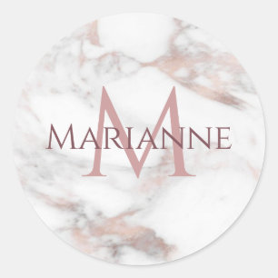 Monogrammerad Roséguld Marmor Modern Elegant Runt Klistermärke
